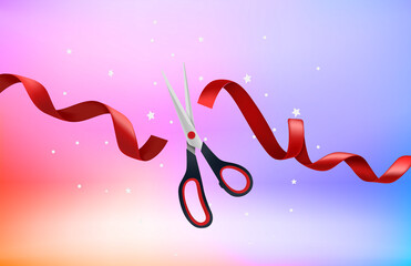 Aufkleber - Scissors cutting red satin ribbon. 3d vector illustration