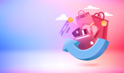 Fototapete - Shopping concept with shopping bags. 3d vector banner with copy space