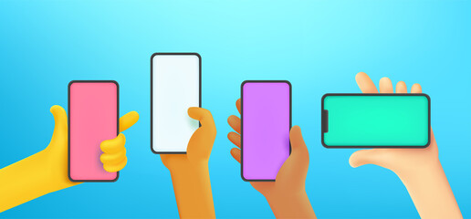 Aufkleber - Group of people different races using smartphones to communicate. Comic 3d style vector illustration