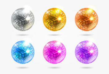 Poster - Bright glowing disco balls set isolated on white background. Vector 3d illustration