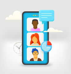 Poster - Using mobile phone for online video conference. Teamwork concept. 3d vector illustration