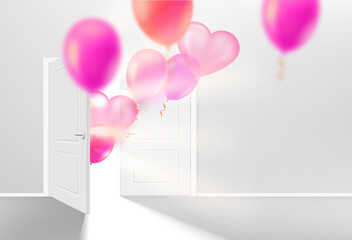 Wall Mural - Opened door in bright interior with flying color air balloons. 3d vector illustration