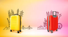 Two Travel Suitcases With World Sights Silhouettes. 3d Vector Illustration