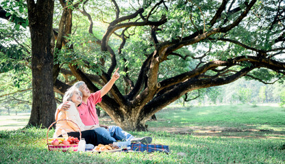 Wall Mural - Asian elderly couple, attractive wife and husband, picnic, drinking tea and relaxing on the green lawn in garden, are smile and happy together, to relationship of retirement age and nature concept.