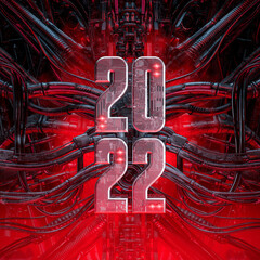 Wall Mural - science fiction 2022 title - 3d illustration of metallic text sign connected to alien machinery