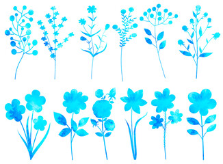 Sticker - set of flowers, plants blue watercolor silhouette, isolated vector