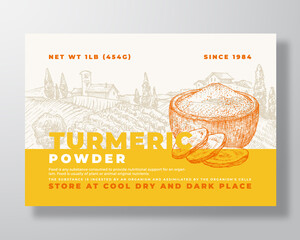 Wall Mural - Fresh Local Turmeric Plant Powder Food Label Template. Abstract Vector Packaging Design Layout. Modern Typography Banner with Hand Drawn Curcuma Spice and Rural Landscape Background. Isolated