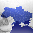 White and blue map of Ukraine with relief and borders