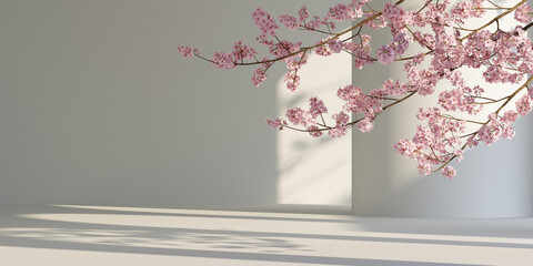 Wall Mural - japanese style architect background. nature light and sakura for branding presentation.3d rendering 