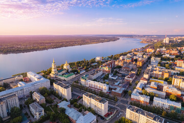 Wall Mural - Aerial top view panorama city Perm and Kama river Russia, sunset drone photo