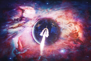 Wall Mural - landscape of planet, earth and milky way view from space. (elements of this image furnished by nasa)