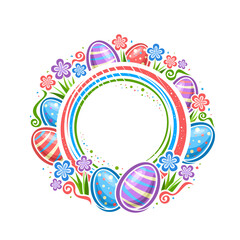 Wall Mural - Vector Frame for Easter Holiday with copyspace for text, circle badge with illustration of group striped easter eggs with spring flowers, decorative flourishes for easter egg hunt on white background