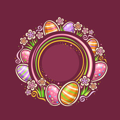 Wall Mural - Vector Frame for Easter Holiday with copyspace for text, round badge with illustration of many variety easter eggs with spring flowers, decorative flourishes for easter egg hunt on red pale background