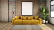 Livingroom style Loft,Yellow sofa, Tropical tree,Black frame mock up on wood wall,Brick wall,Wood floors-3D render