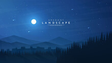 Vector Illustration. Minimalist Landscape Background. Dark Night Scene. Cloudy Sky With Moonlight. Polygonal Style. Hill And Woods. Natural Concept Wallpaper. Design For Web Banner, Website Template