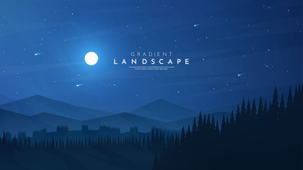 Wall Mural - vector illustration. minimalist landscape background. dark night scene. cloudy sky with moonlight. p