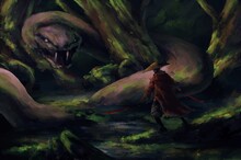 Samurai Standing Against The Great Serpent In The Evergreen Forest, Snake,tale Monster,creatures Of Myth And Legend ,digital Art, Illustration Painting.