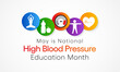 National High Blood pressure (HBP) education month is observed every year in May. it is also called hypertension. vector illustration.