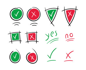 Wall Mural - green check mark, red cancel mark. triangle check mark, triangle cancel mark. hand drawn approval and cancellation symbols