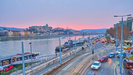 Wall Mural - The purple sunset over Buda Castle and Danube River, Budapest, Hungary