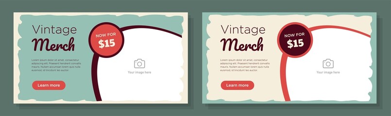 Vintage merchandise online banner template set, second hand clothing advertisement, horizontal ad, zero waste apparel store campaign webpage, flyer, creative brochure, isolated on background