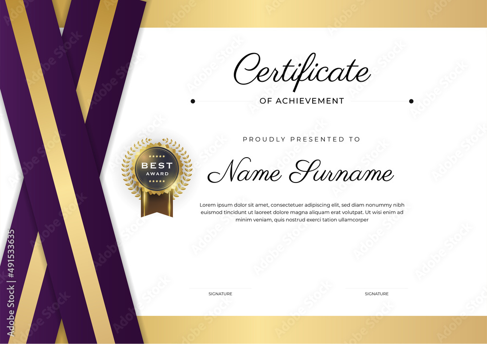 Elegant purple and gold certificate of achievement template with gold ...