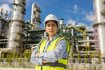 Wall Mural - Asian engineer manager woman with white safety helmet standing front of oil refinery. Industry zone gas petrochemical. Factory oil storage tank and pipeline. Workers in the refinery construction.