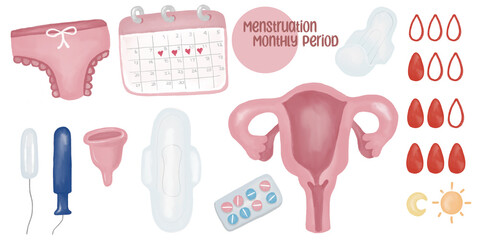 Cute hand drawn watercolor illustration female period menstruation elements collection includes hygiene product tampon, sanitary pad, menstrual cup, calendar, pill, bleeding level, underpants, ovary