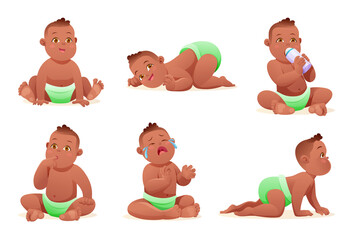 Set of cute little african american baby boy with diaper in various poses and situations, vector cartoon character