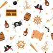 Seamless pattern with pirate flag, treasure and map. Childish vector illustration in flat cartoon style. Hand drawn fabric design or package paper.