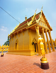 Ancient architecture antique building ubosot church of Wat Chaiyasitthawat buddhist temple for thai people travel visit respect praying buddha and worship at Pathumthani city in Pathum Thani, Thailand