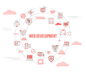 web development website concept with icon set template banner and circle round shape