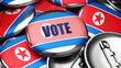 Vote in Korea the Democratic Peoples Republic of - national flag of Korea the Democratic Peoples Republic of on dozens of pinback buttons symbolizing upcoming Vote in this country. , 3d illustration