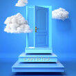 Expertise and success, progress and effort - concept 3d render. Ideas of work and goals symbolized by steps leading to an opening doors within clouds., 3d illustration