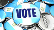Guatemala and Vote - dozens of pinback buttons with a flag of Guatemala and a word Vote. 3d render symbolizing upcoming Vote in this country., 3d illustration