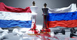 Netherlands and Russia war, conflict and crisis. National flags, chess kings stained in blood and fallen chess pawns symbolize an unneeded conflict that brings pain and destruction., 3d illustration