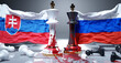 Slovakia and Russia war, conflict and crisis. National flags, chess kings stained in blood and fallen chess pawns symbolize an unneeded conflict that brings pain and destruction., 3d illustration