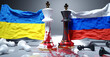 Ukraine and Russia war, conflict and crisis. National flags, chess kings stained in blood and fallen chess pawns symbolize an unneeded conflict that brings pain and destruction., 3d illustration