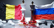 Belgium and Russia war, conflict and crisis. National flags, chess kings stained in blood and fallen chess pawns symbolize an unneeded conflict that brings pain and destruction., 3d illustration