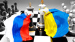 Russia Ukraine war, conflict, confrontation. Fighting between Russia Ukraine, symbolized by a stand off between two kings of a chess game with national flags, 3d illustration