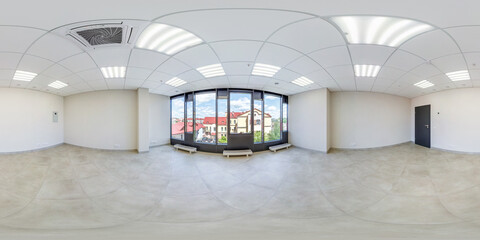 Wall Mural - full seamless spherical hdri 360 panorama in interior of empty white room with repair for office or store with panoramic windows overlooking the old town in equirectangular projection