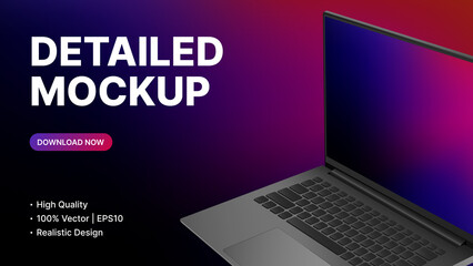Detailed Laptop Model Side View. Gradient Banner Template. Vector illustration