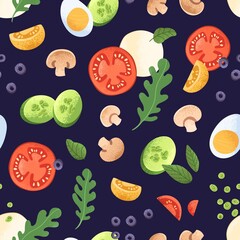 Sticker - Seamless food pattern with healthy fresh ingredients. Endless background with vegetable slices, tomatoes, cucumbers, egg pieces, Italian greens, cheese and mushrooms. Flat vector illustration