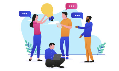 Fototapete - Innovation teamwork - Team of business people having idea workshop holding lightbulb and having discussion. Flat design vector illustration with white background