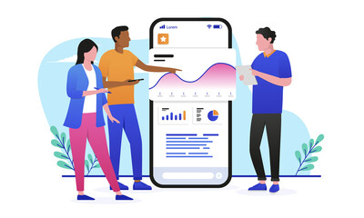Poster - Business people looking and analytics data and discussing. Flat design vector illustration with white background