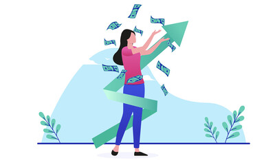 Fototapete - Financial growth woman - Female person with money and green arrow pointing up. Making money concept flat design vector illustration with white background