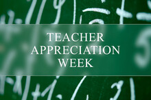 Teacher Appreciation Week School Banner On Chalkboard. White Chalk Pattern On Green Scholboard. Text On The Border With Glassmorphism Effect. Annual Festive Event.	