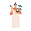 Woman gardener at work. Female portrait with potted house plant and shovel. Professional botanist in apron growing and caring about houseplant. Flat vector illustration isolated on white background
