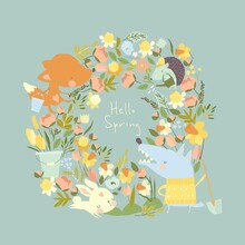 Cute Cartoon Wreath With Animals And Spring Flowers