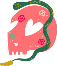 Pink Skull With Creeping Green Snake As Magical Object And Witchcraft Item